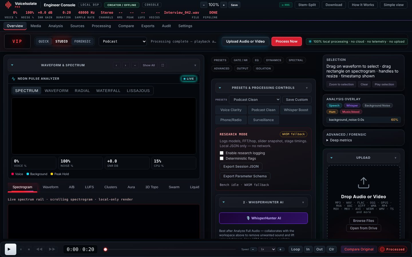 Engineer Console: signal canvas, source lanes and DSP rack